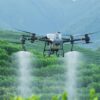 The DJI Agras T50 agricultural sprayer drone preparing for an automated field flight mapping and chemical spraying operation.